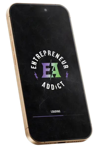 Gold iPhone 16 with the Entrepreneur Addict loading screen. including the company logo in purple, green, and white.