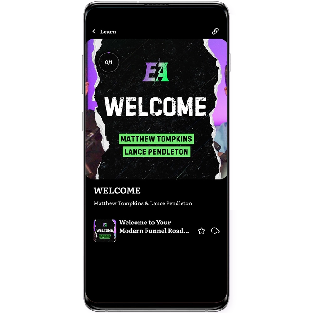 Samsung Android phone displaying the Entrepreneur Addict welcome screen.