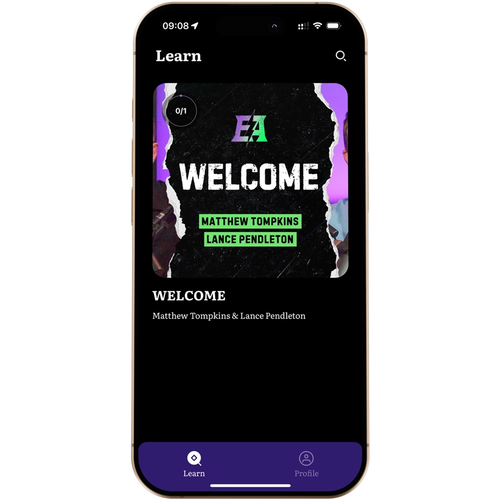 Gold iPhone displaying the Entrepreneur Addict welcome screen.