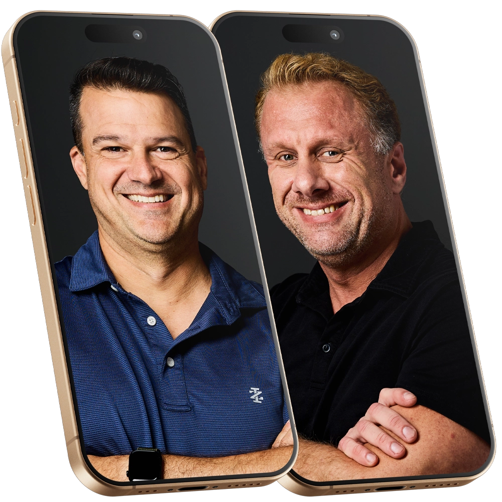 Two gold iPhones showing each showing a portrait of the creators of Entrepreneur Addict. The left iPhone shows Lance Pendleton and the right iPhone shows Matt Tompkins.